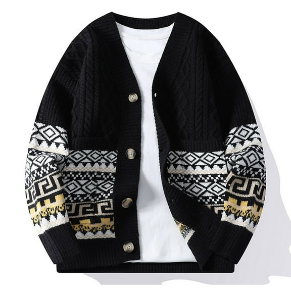 DHFJKG Men's Knitted Jacquard Cardigan Sweaters V Neck Loose Fit Button Down Long Sleeve Knitwear Jacket Autumn Winter Soft Outerwear