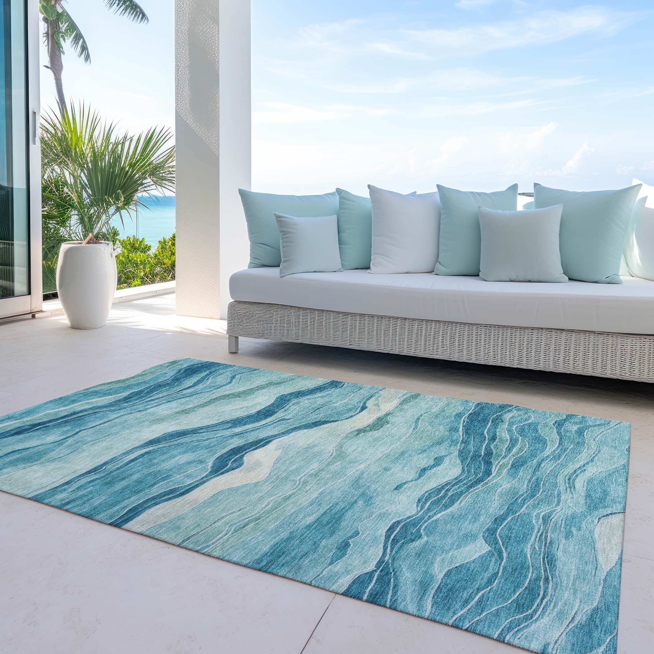 Addison Rugs Chantille Indoor/Outdoor Transitional Geometric, Abstract Turquoise Washable Rectangle Rug, 10' x 14'