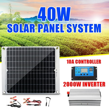 Solar System Kit Efficient 40W Solar Panel 2 USB +2000W Power Inverter+10A Controller,For Home Outdoor Car RV Boat Camping Ship