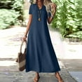 thumbnail image 2 of Evdexr Linen Dress Women Cotton Maxi Shirt Dress V Neck Short Sleeve Flowy Solid Colour A-Line Dresses Oversized Plus Size Loose Casual Dress with Pockets Navy 2XL, 2 of 7