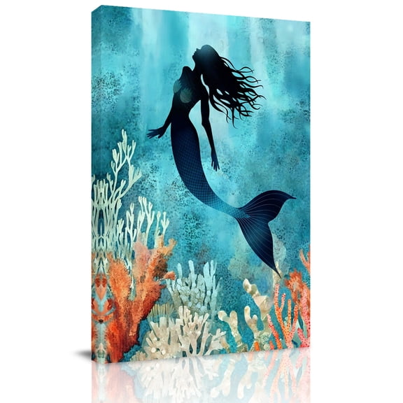 Ocean Mermaid Canvas Wall Art for Living Room, Shadow Coral Seabed Watercolor Style Poster Print Painting for Bedroom Office Home Decoration Wall Pictures Prepare To Hang 8"x12"