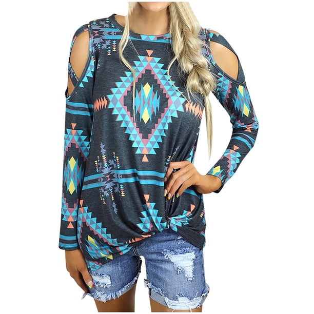 Camiseta de manga larga con estampado de diamantes y cuello redondo de verano para mujer Pompotops FGAJ11783