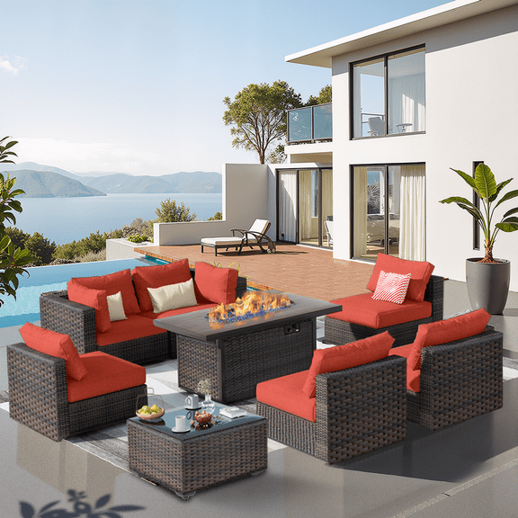 Grezone Outdoor Garden 8 Piece Patio Furniture Rattan Wicker Sectional Set, Red