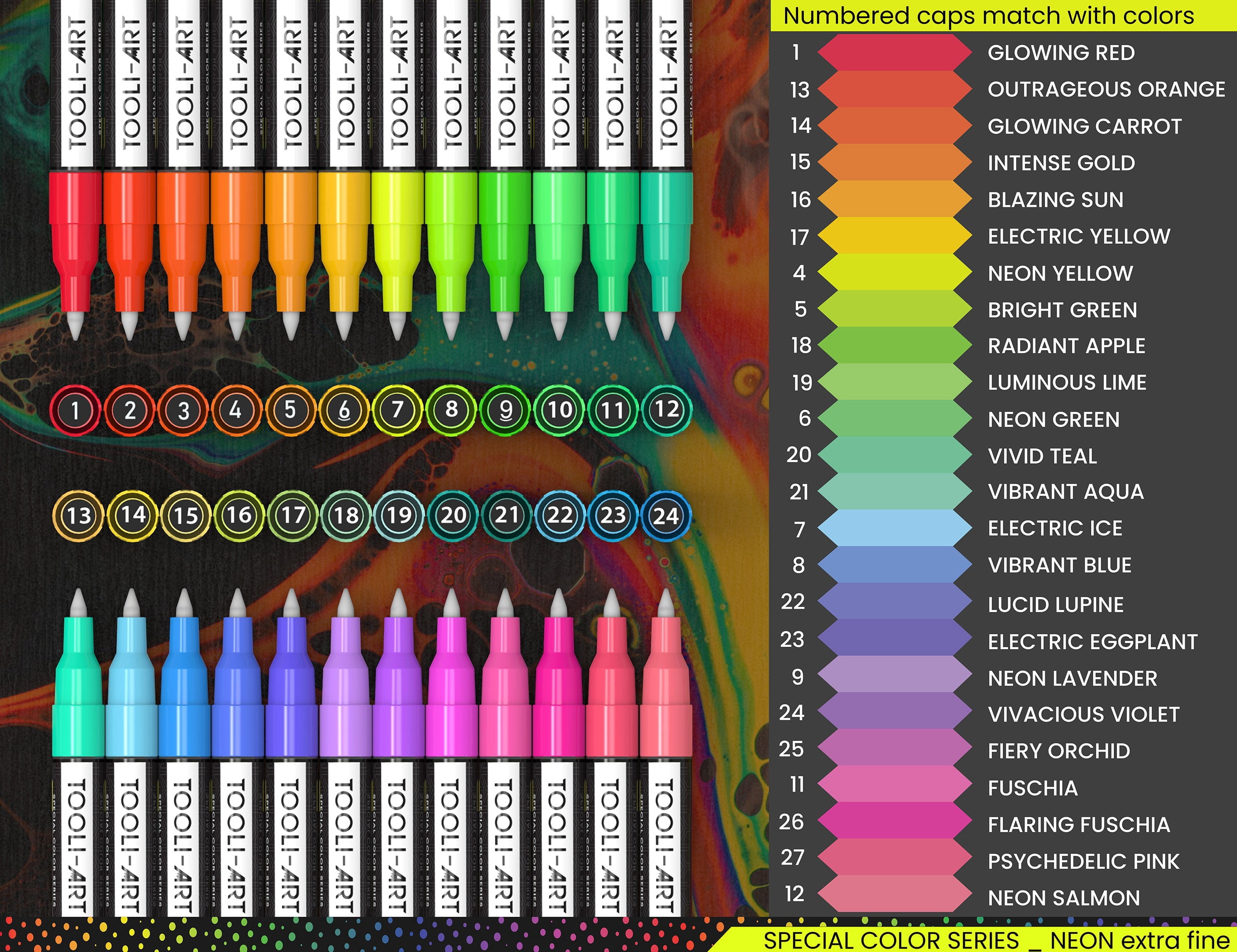 24 Neon Fluorescent Acrylic Paint Pens Markers Set 0.7mm (EXTRA FINE)