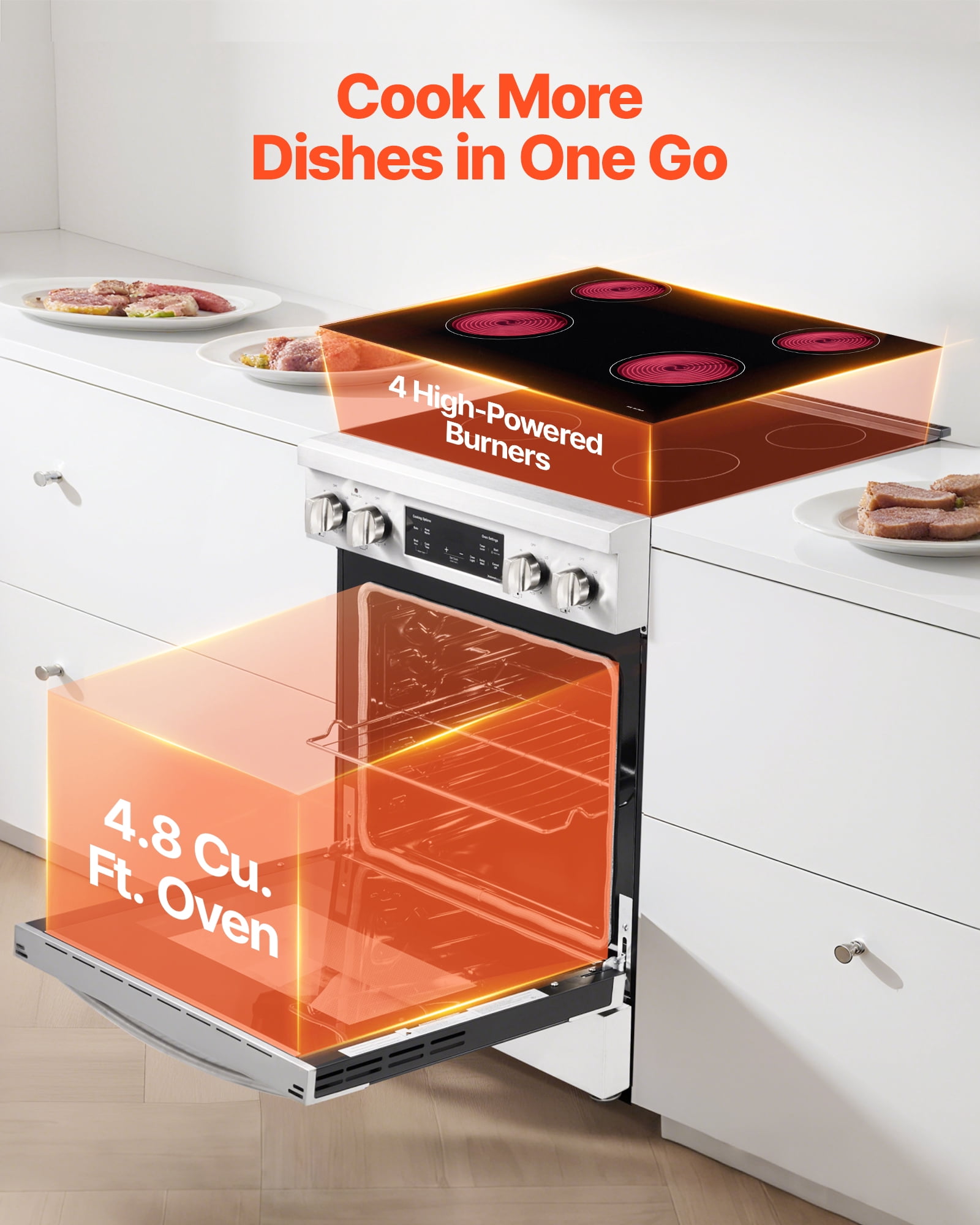 VEVOR 30 in Electric Range Oven, 4.8 Cu. Ft. Capacity Compact Freestanding Oven, Stainless Steel Kitchen Stove, with 4 Cooktop Burners, Timer, Easy Reach Racks, Storage Drawer, Light(No Power Cord)