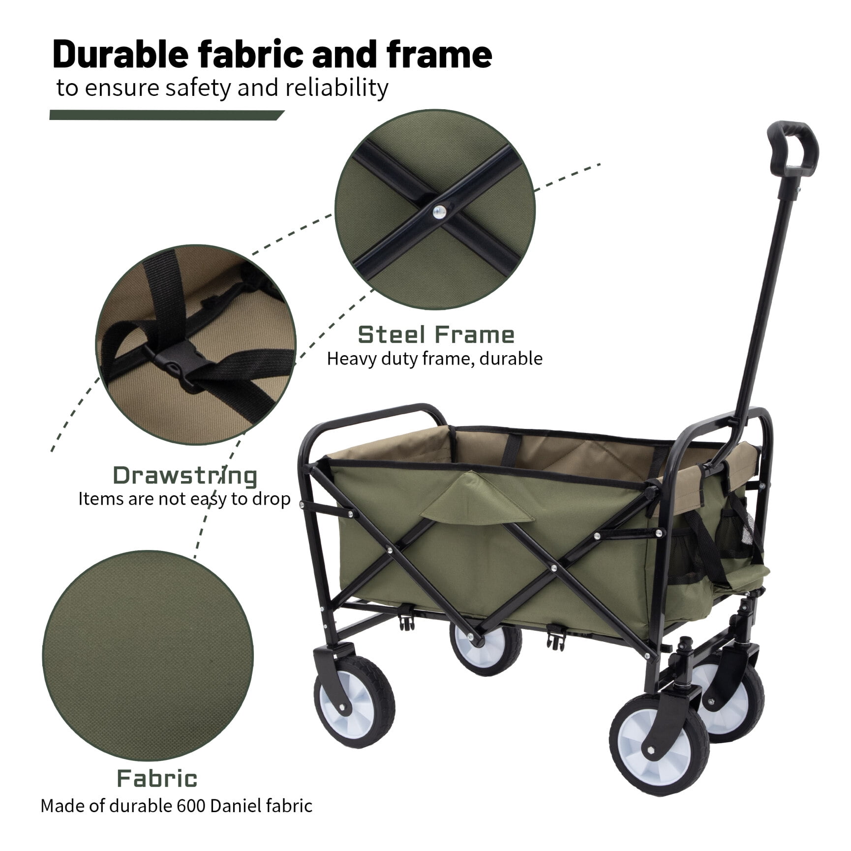 Utility Wagon Cart Foldable with Strapping System, Heavy Duty 225lbs Capacity, Lightweight Collapsible Design, Utility Cart, beach wagon with 360° Swivel Wheels for Camping, Shopping, Army Green