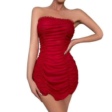 MQLKF Women Ruched Frill Trim Sheer Mesh Dress Slips With Thong Pants Mini Casual Tops Dress See Through Intellectual Breathable Women Bodysuit