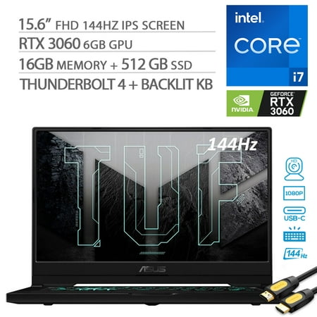 2021 ASUS TUF Dash F15 3060 Gaming Laptop, 144Hz FHD 15.6" 1080p, Intel Core i7-11370H, RTX 3060, 16GB RAM, 512GB SSD, Thunderbolt 4, Backlit KB, WiFi 6, Mytrix HDMI Cable, Win 10