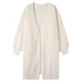 thumbnail image 3 of Women's Mid-Length Knit Cardigan, Solid Color Open Front Sweater, Long Sleeve Pocketed Coat, Soft Casual Outerwear, Autumn Winter Layer Beige L, 3 of 3