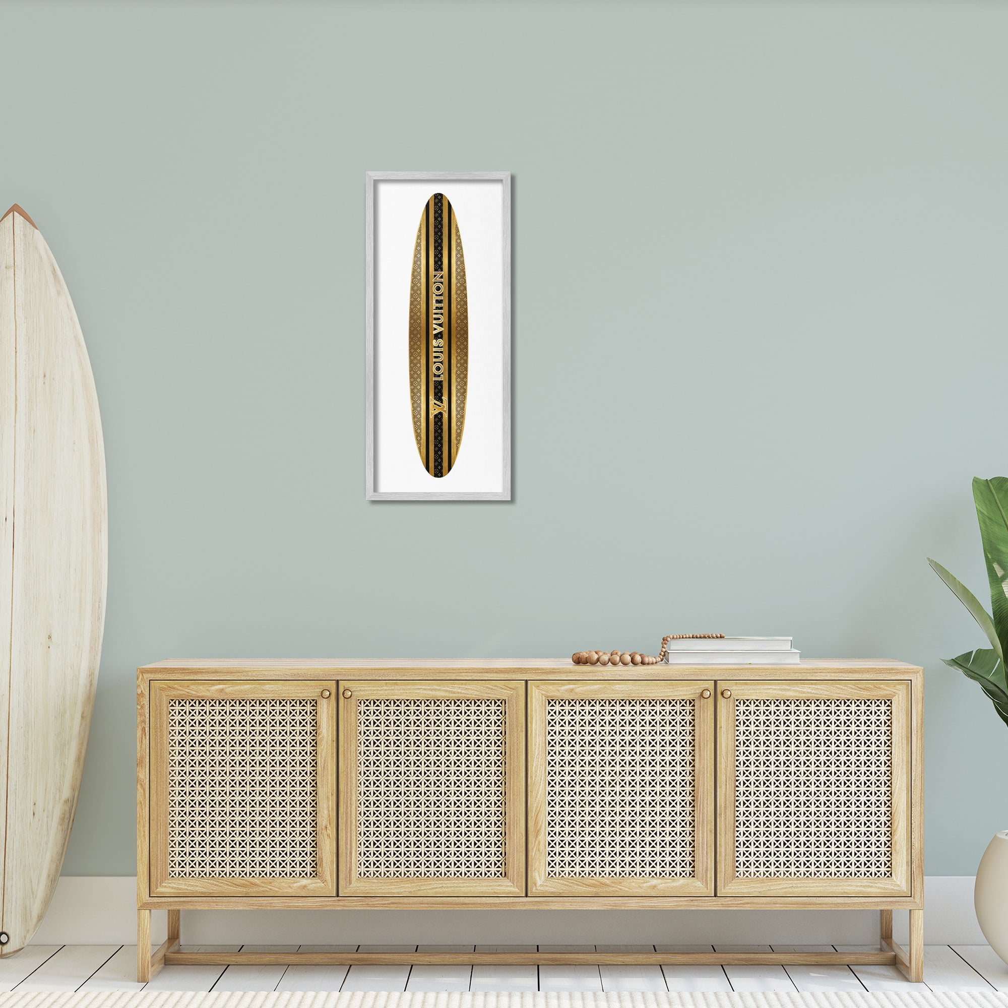 Stupell Industries Glam Striped Surfboard Nature Painting Gray Framed Art Print Wall Art, 13 x 30