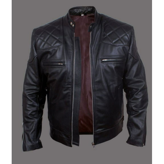Noora New Men's Black Lambskin Leather Quilted Biker Jacket With Zipper Designer Motorcycle biker Leather Jacket