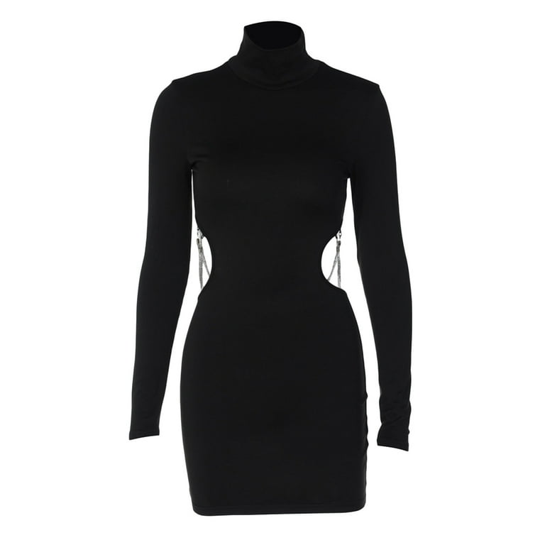 Gureui Women s Sexy Bodycon Mini Dress Long Sleeve Solid Color Mock Neck Cutout Slim Fit Club Night Out Short Dress with Metal Chain Walmart