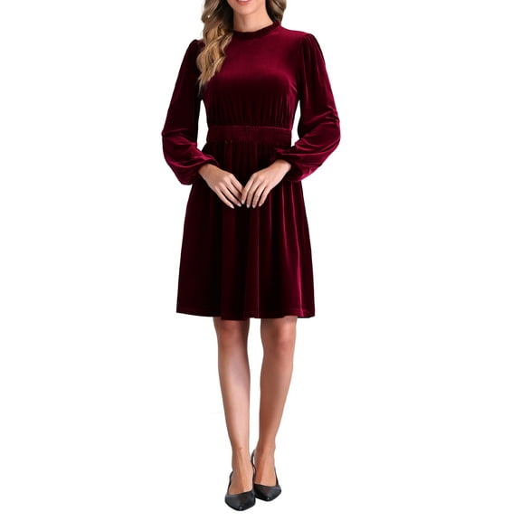 INSPIRE CHIC Women's Velvet Dresses Smocked Waist Long Sleeve Wedding Guest Dress XS Red