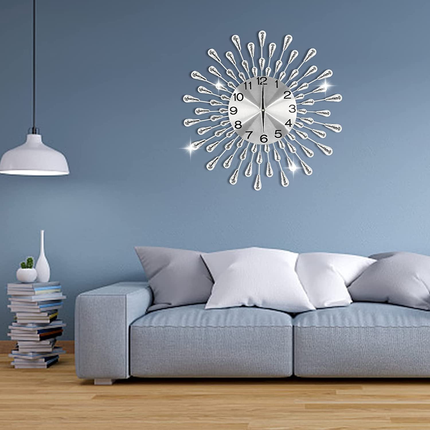 Miumaeov 19.7" Large Wall Clock Modern Big Crystal Non-Ticking Quiet Wall Clock Decor Silver Drop Crystal Wall Clocks for  Bedroom Kitchen Office Home Decor