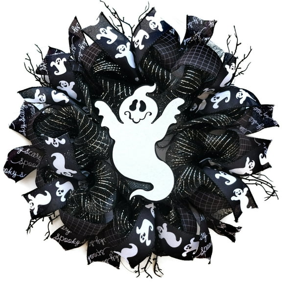 Idyllic Halloween Wreath for Front Door, Halloween Decorative Wreath with ghost sign, Wired Ribbon wreath for indoor/outdoor Halloween Party Decorations
