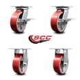 thumbnail image 2 of 6 Inch Red Poly on Cast Iron Caster Set with Roller Bearing 2 Brakes 2 Rigid, 2 of 2