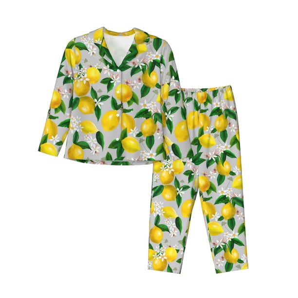 Fotbe Lemon Seamless Pattern Oil Painting Effect Conjunto de Pijama de Manga Larga para Mujer con Estampado, Ropa de Dormir de 2 Piezas, Conjunto de Casa Suave y Cómodo con Bolsillos-Medium