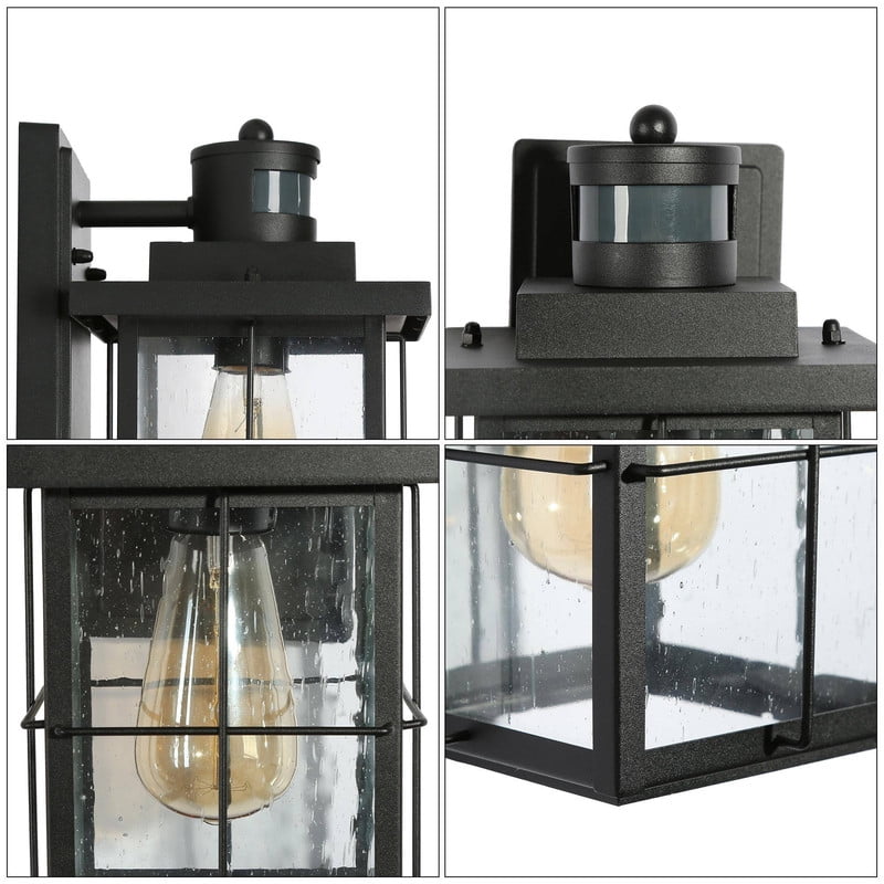 LNC 2-Pack Motion Sensor Outdoor Wall Lanterns, Seeded Glass, Dusk to Dawn, Black, 10.5" H