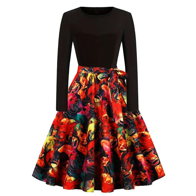 Robe Formelle pour Femmes Manches Longues Col Rond Robe Élégante Imprimé Halloween Automne Hiver Robe de Soirée