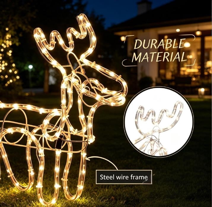 35" Christmas Reindeer And Sleigh LED Motif Indoor Outdoor Yard Decoration Warm White Lighting Steel Frame