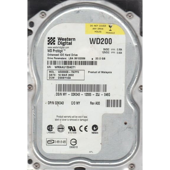 WD200EB-75CPF0, DCM DSBBYV2A, Western Digital 20GB IDE 3.5 Hard Drive