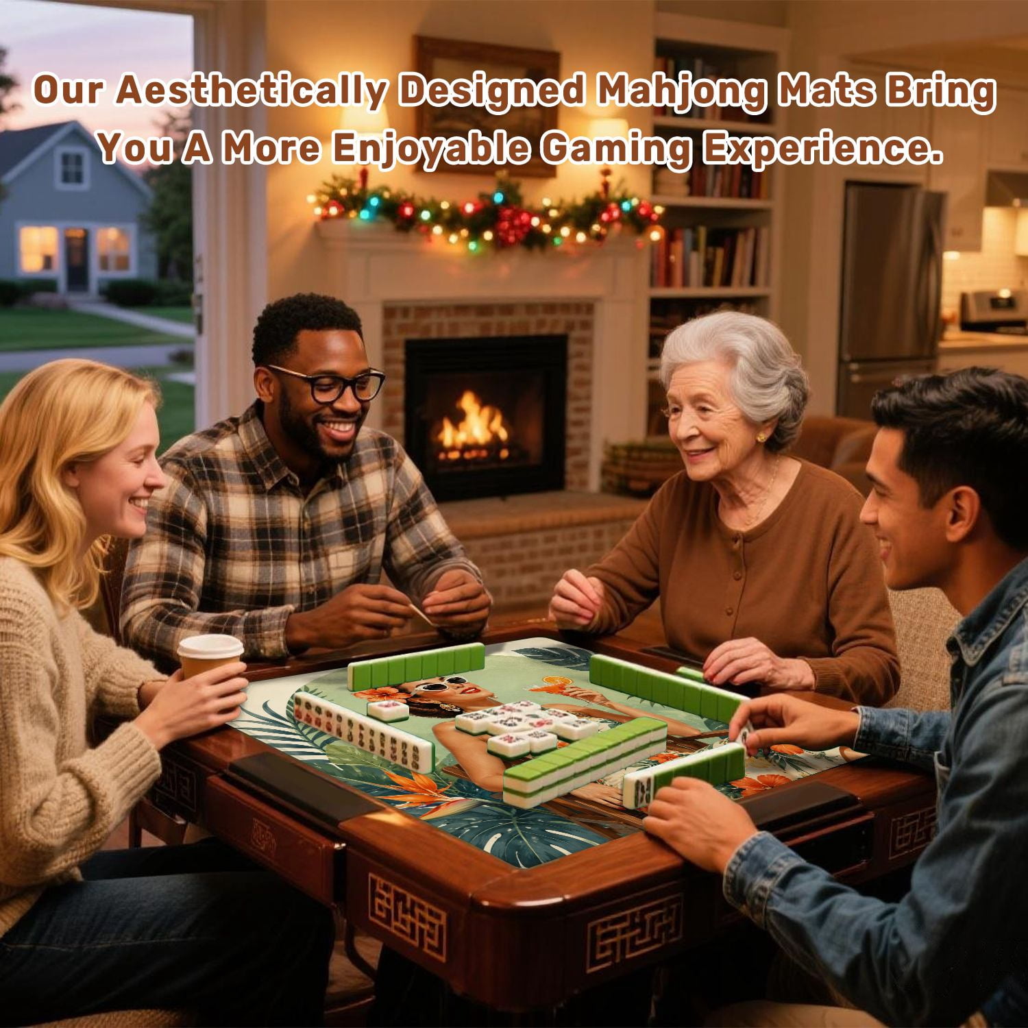 Mahjong Mat 31.5" x 31.5" Vintage Tropical Woman Cocktail Floral Dress Non-Slip Noise Reduction American Mahjong Tiles Table Cover for Dominoes Poker Card Board Games Gift