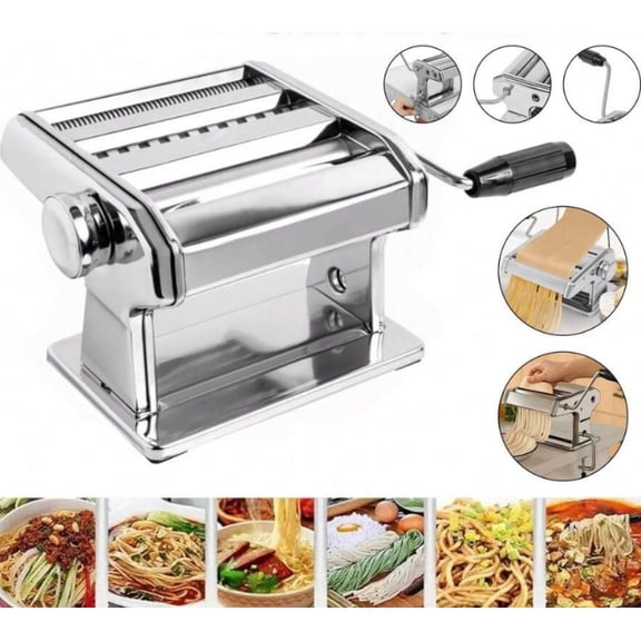 Stainless Steel Fresh Pasta Maker Roller Machine, With Adjustable Thickness Settings,Perfect For Homemade Spaghetti Fettuccini Noodles And Lasagna,Includes Removable Handle And Clamp