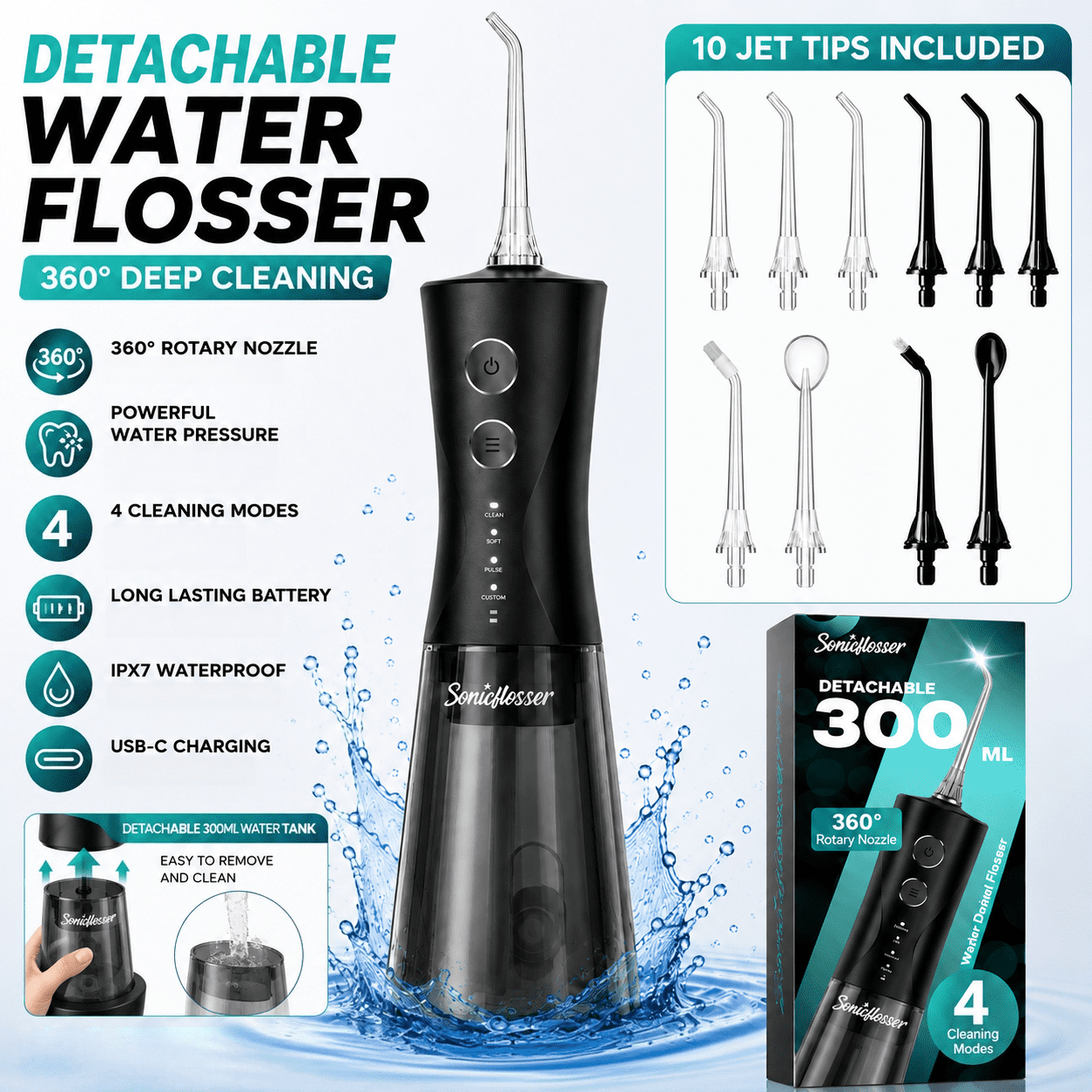 Sonicflosser Cordless Water Flosser, Detachable 300ml Water Tank Oral Irrigator with 360° Rotating Nozzle, 4 Cleaning Modes, 10 Jet Tips, USB-C Rechargeable Dental Cleaner for Teeth and Gum Care