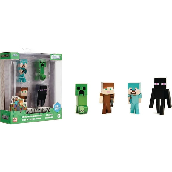 Jada Minecraft 2.5" MetalFigs 4-Pack - Includes Steve in Diamond Armor, Alex in Leather Armor, Enderman & Creeper