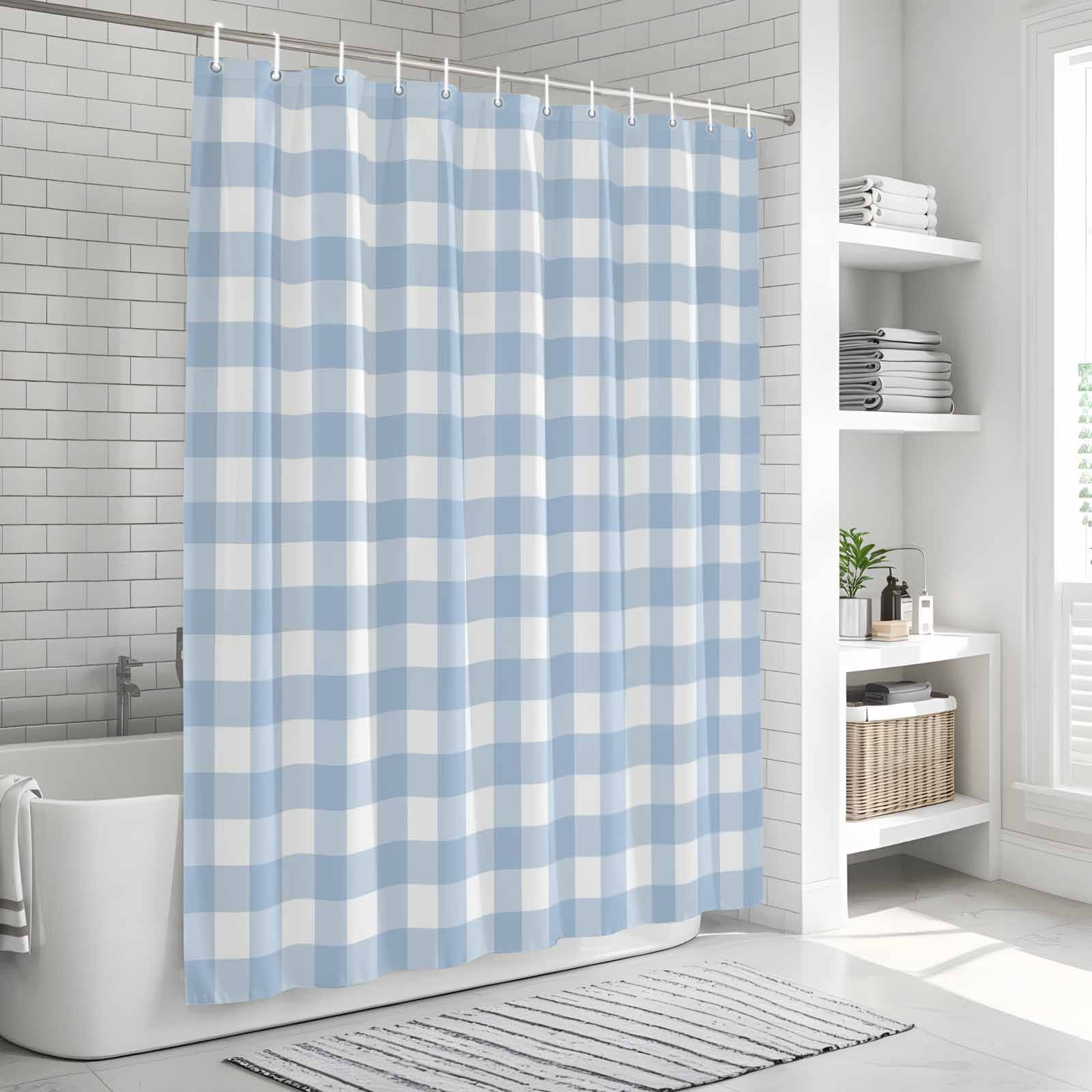 Light Blue Plaid Shower Curtain, Waterproof Shower Curtains for Bathroom, Modern Minimalist Country Washable Fabric Bathtub Curtain Set Bath Decor with 12 Hooks Extra Long 72"x96"