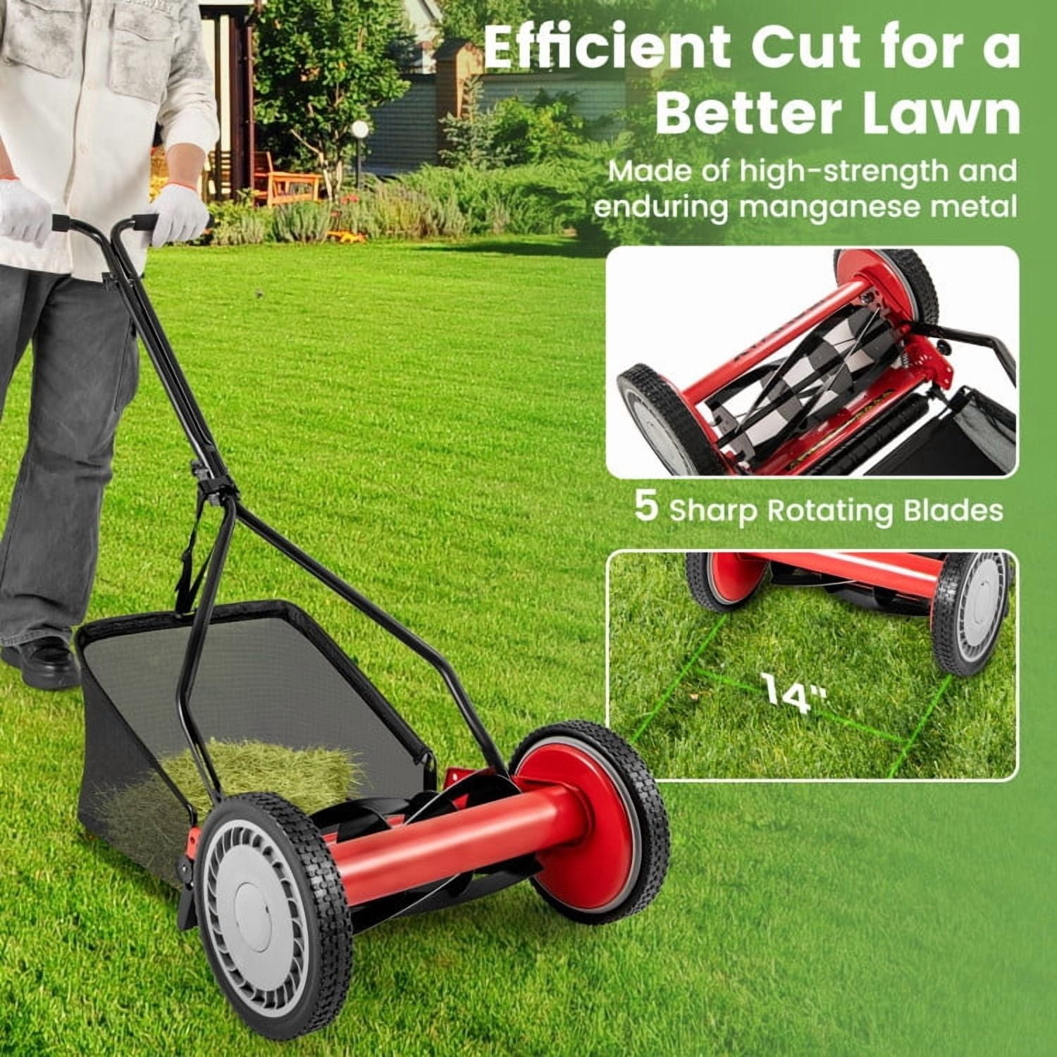 YYAo 14 Inch Push Lawn Mower with 5 Steel Blades and Grass Catcher Bag-Red