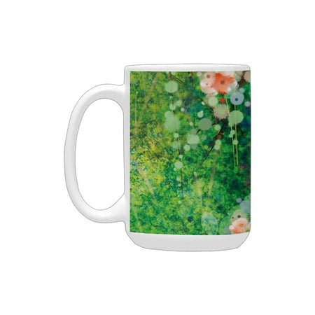 

Watercolor Flower Home Decor Apple Blossoms on Grass with Splashes Grace Sign Nature Print Pink Gree Ceramic Mug (15 OZ) (Made In USA)