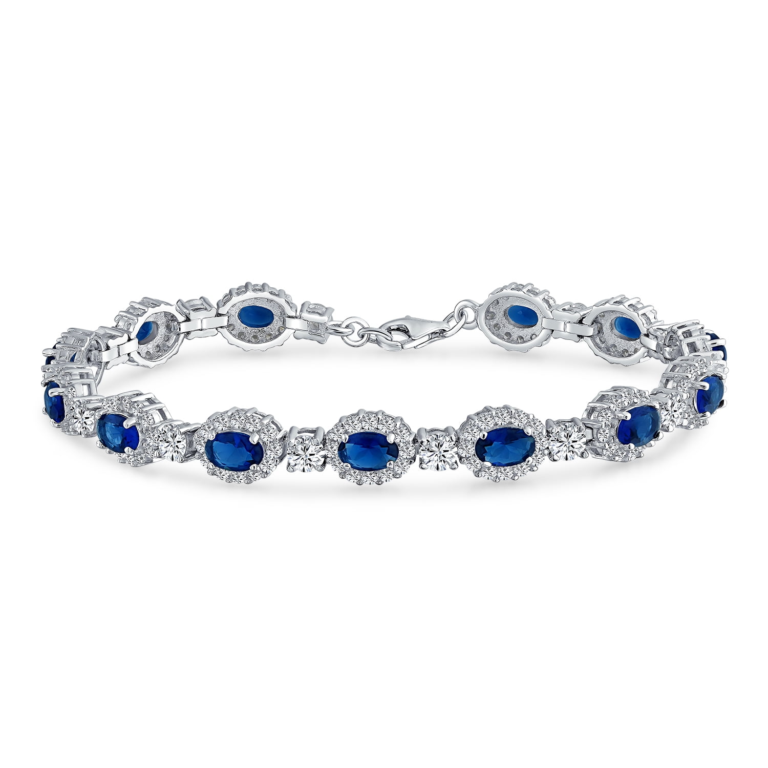 Bling Jewelry Womens Vintage Style Halo Oval Blue CZ Tennis Bracelet .925 Sterling Silver 7.5"