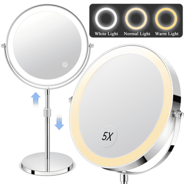 JUUTREN Makeup Mirror with 3 Color Lights, Rechargeable Vanity Mirror, 1X/5X 360 Rotation Double Sided Magnifying Makeup Mirror, 4"Height & Brightness Adjustable, 8"travel Mirror with Detachable Base