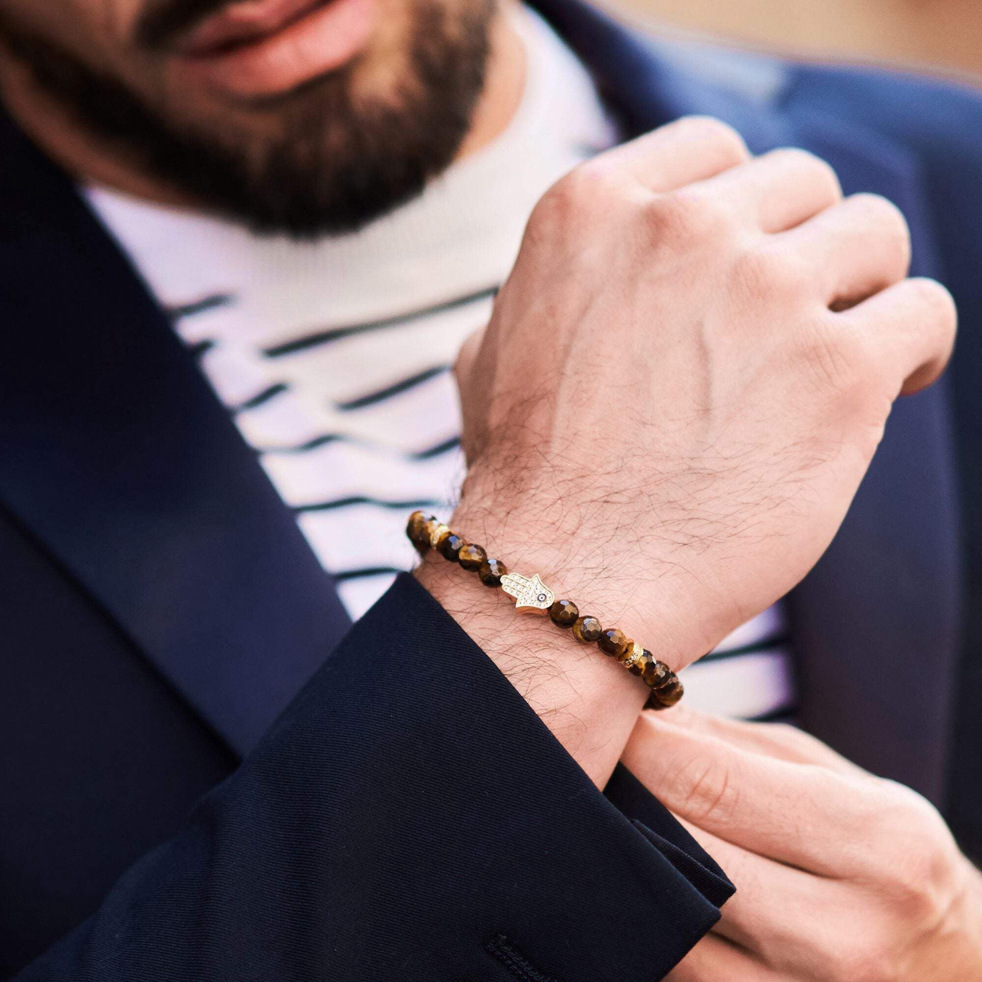 Men's TIGER EYE Bracelet with Golden HAMSA Hand | Gift for Men | One Size Fits All | 100% Natural | Gemstone Adjustable Bracelet