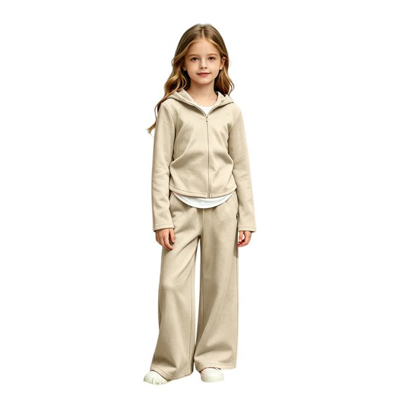 LNMQLPDBS Toddler Girls Curved Hem Sweatsuit Set Kids Relaxed Wide Leg Outfit Teen Casual 2 Piece Activewear Tween Layered Zip Up Hoodie and Pants for School Daily Wear