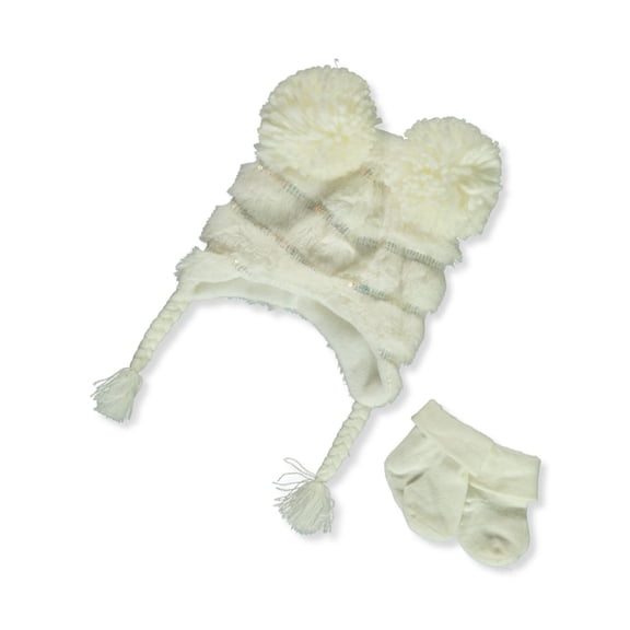 Laura Ashley Baby Girls' Plush Sequin Hat With Mittens Set Color: ivory Size: 0 - 6 months