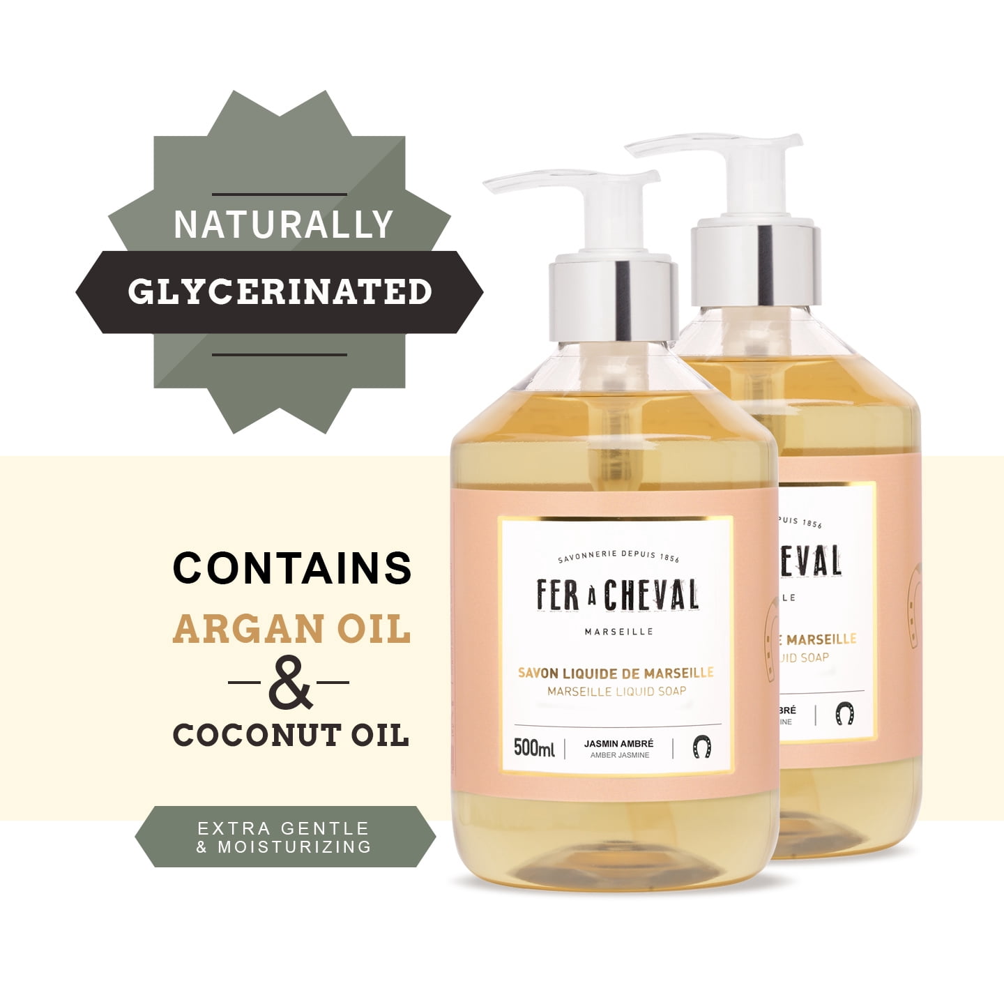 Fer à Cheval Amber Jasmine Luxury Liquid Soap - Natural Argan & Coconut Oil Blend, Gentle & Moisturizing, Eco-Friendly - 2 Pack, 500ml/16.9 f oz