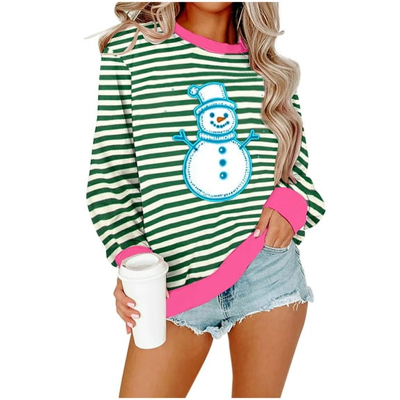 Lorytime Crewneck Sweatshirts Women Christmas Snowman Stripes Print Shirt Long Sleeve Pullover Drop Shoulder Tops