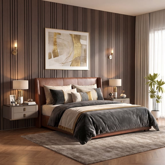 Fahomiss Modern Striped Acoustic Wood Slat Tiles 8-Pack 24"x24", 3D Soundproof Wall Panel, Walnut