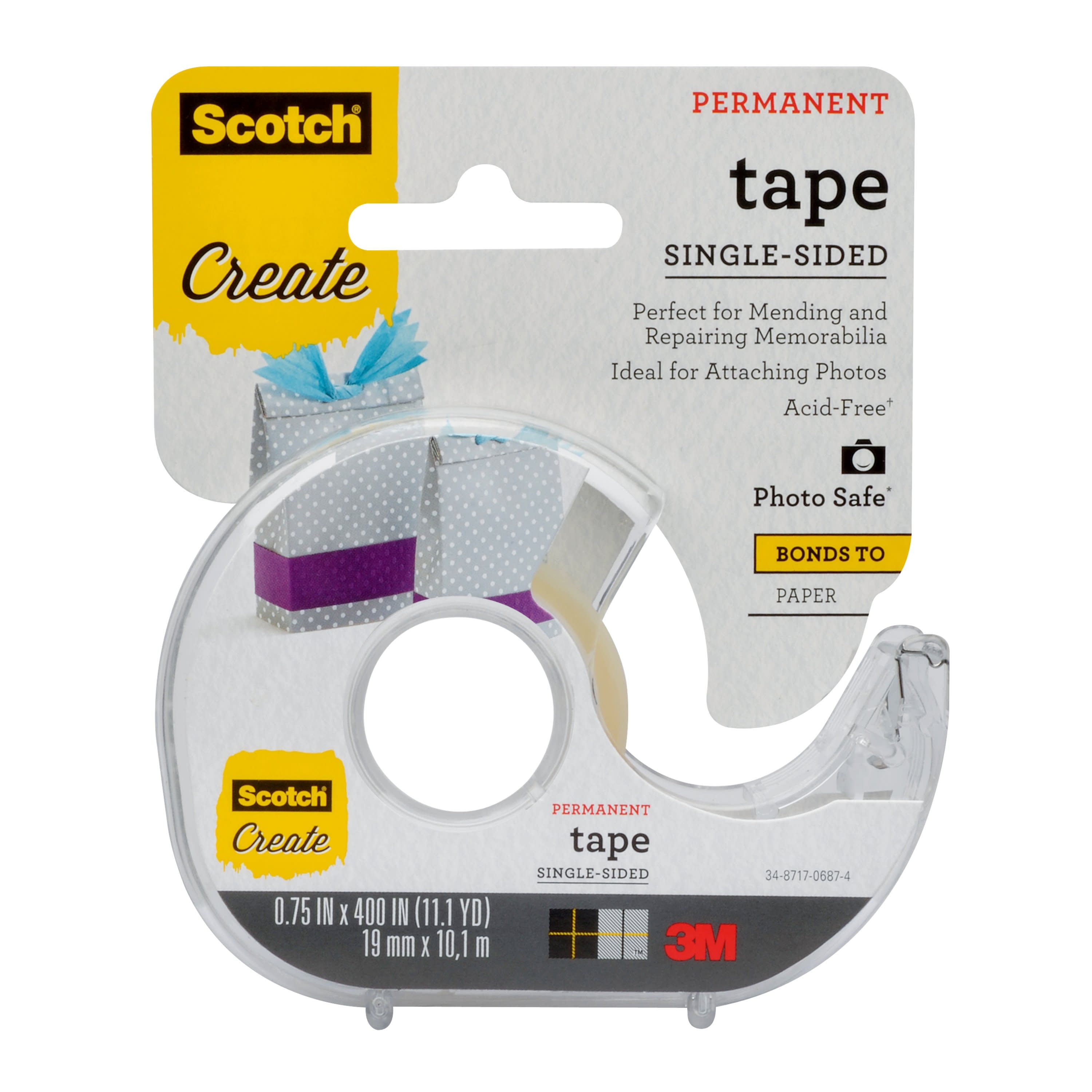 Scotch Single Sided Permanent Tape, Clear, 3/4" x 400", 1 Dispenser