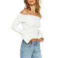thumbnail image 3 of Womens Off Shoulder Ribbed Knit Crop Sweaters Long Sleeve Slim Pullover Jumper Tops, 3 of 6