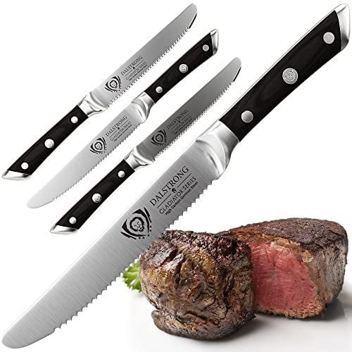 DALSTRONG Steak Knives - Set of 4 - 5 Serrated-Edge Blade - Gladiator  Series - Forged German ThyssenKrupp HC Steel - Black G10 Garolite Handle -  Sheaths Included 