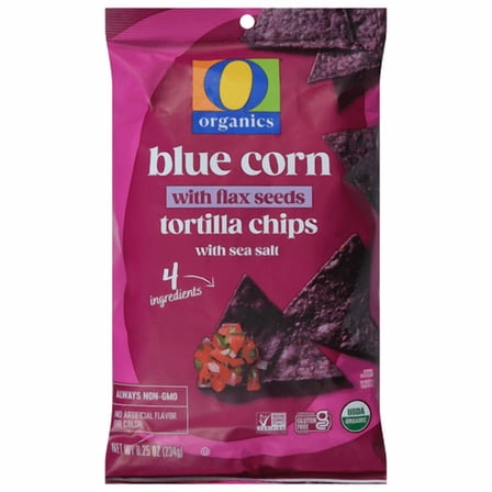 O O Tortilla Chips Blue Corn with Flax Seeds with Sea Salt Organic 8.25 oz