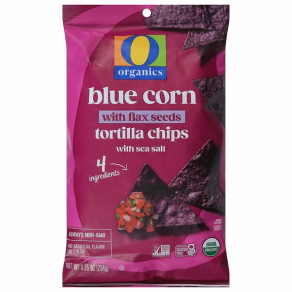 O O Tortilla Chips Blue Corn with Flax Seeds with Sea Salt Organic 8.25 oz