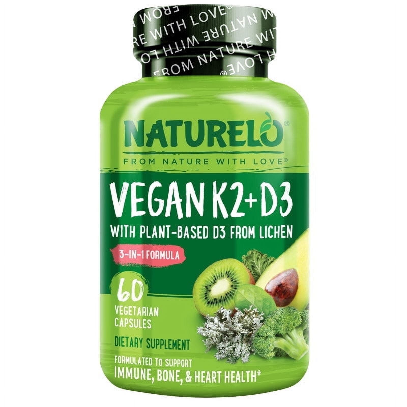NATURELO Vitamin D3 K2 - Vegan K2+D3 with Plant Based D3 from Lichen - Natural D3 Supplement for Immune System, Bone Support, Heart Health - Whole Food - Non-GMO - Gluten Free, 60 Capsules