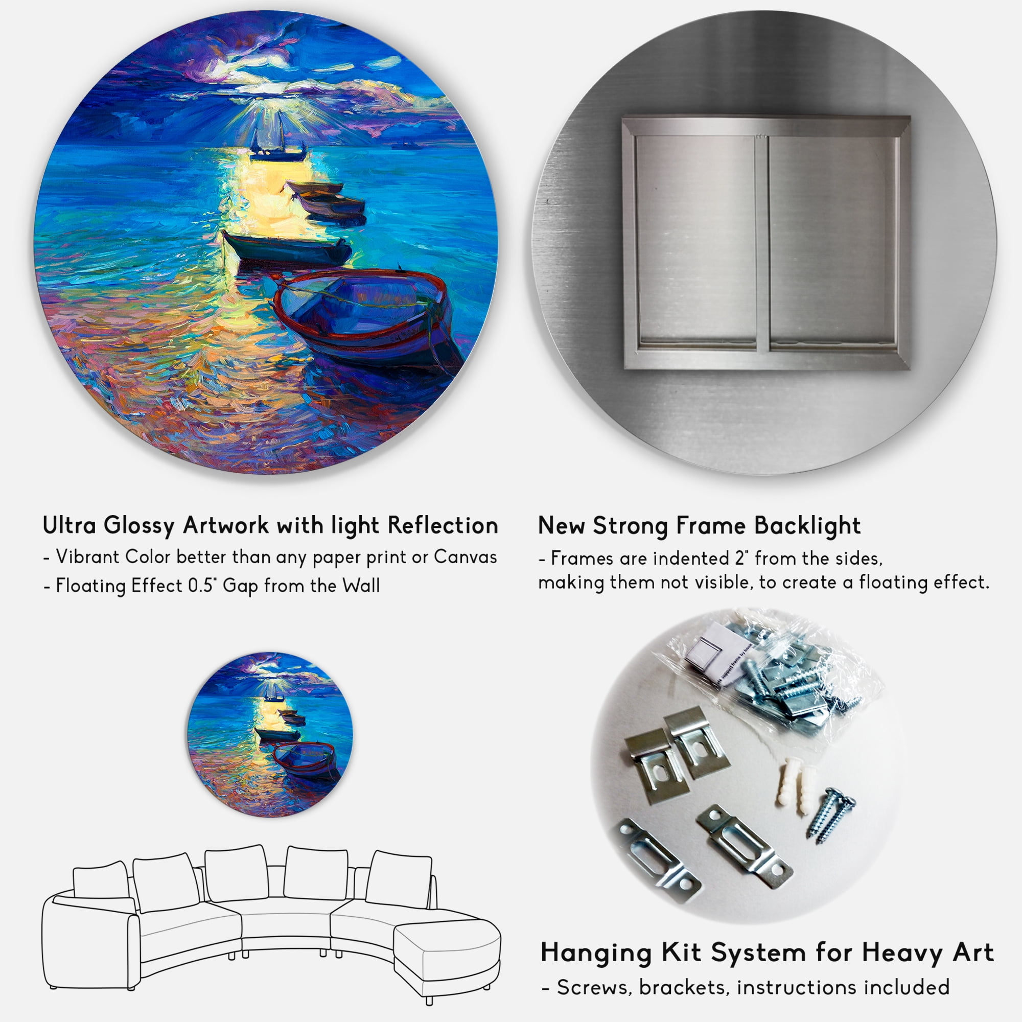 Designart 'Fishing Boats On The Water With Dark Blue Sky Illustration' Lake House Circle Metal Wall Art 23x23 - Disc of 23