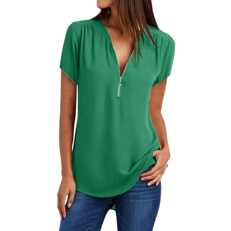 Chiffon Blouses For Women Dressywomen S Summer Short Sleeve Shirts Zip Casual Tunic V Neck Rollable Blouse Tops Mint Green S Walmart