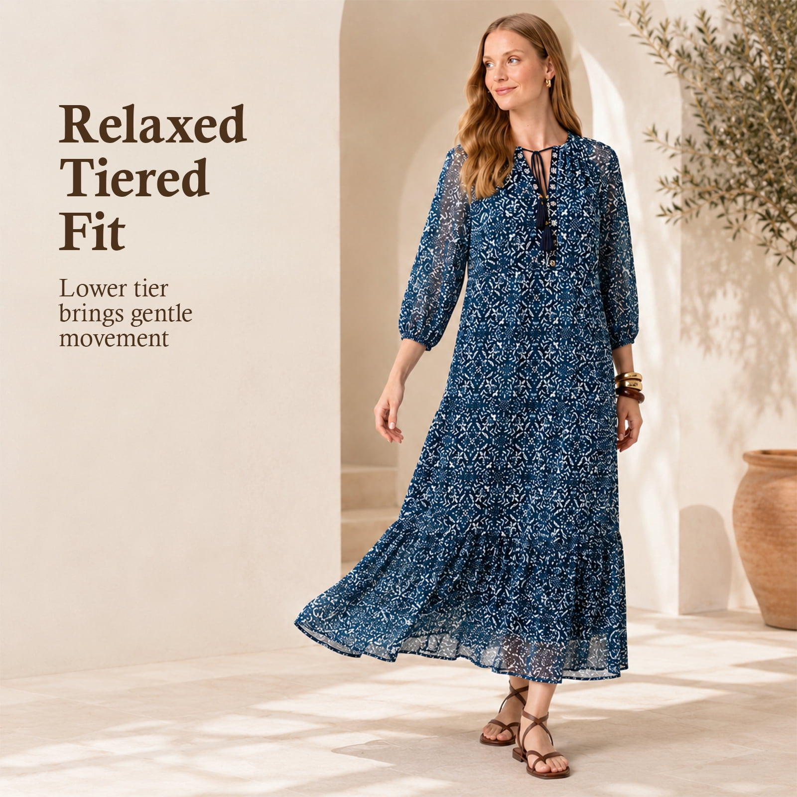 Alvantor Women's Printed Midi Dress, Tie Neck 3/4 Sleeve Tiered Style, Navy Multi