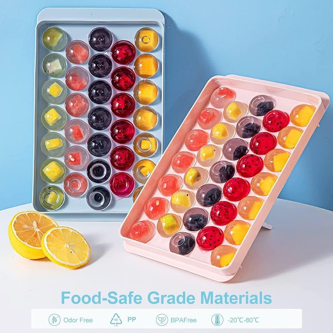 Round Ice Cube Tray with Lid & Bin Ice Ball Maker Mold for Freezer with Container Mini Circle Ice Cube Tray Making 66PCS Sphere Chilling Cocktail Whiskey Tea Coffee (2 Trays 1 Ice Bucket & Scoop)